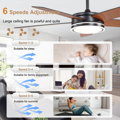 BellaDepot 52" Modern Contemporary Black or Chrome LED Ceiling Fan with Remote Control and Lights, Reversible 6 Speeds Ceiling Fan for All Seasons - DC5225-B/C