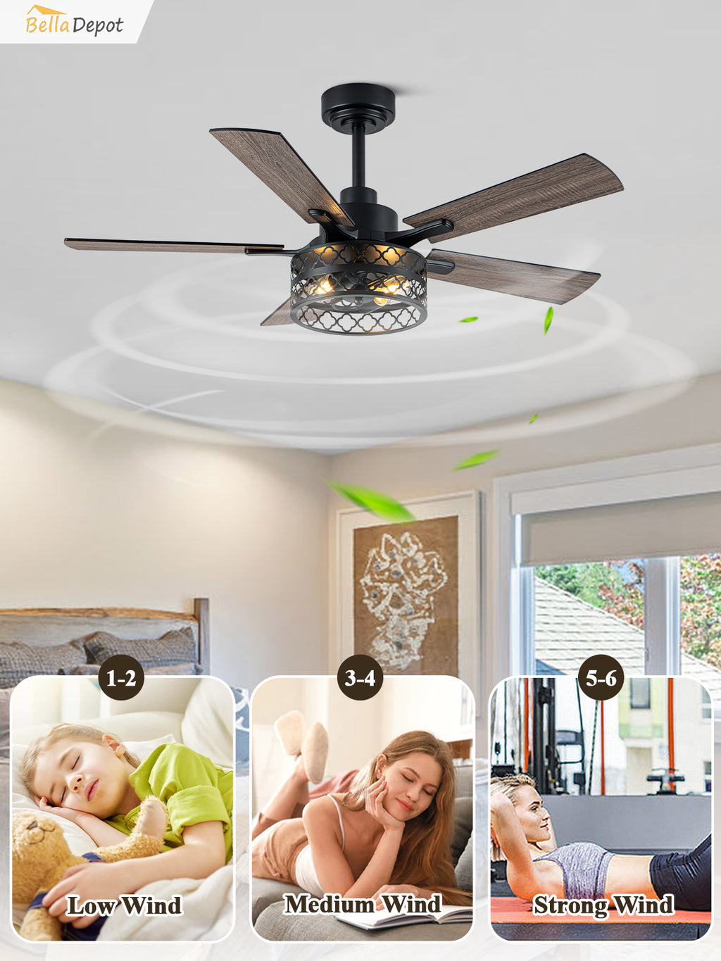 Farmhouse 46 Inch Metal Caged Ceiling Fan with Light Quiet Reversible DC Motor with  Remote Control Ceiling Fan Modern Wood Blades Ceiling Fan with Light Suit for Living room, Bedroom, Kitchen