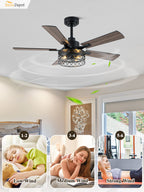 Farmhouse 46 Inch Metal Caged Ceiling Fan with Light Quiet Reversible DC Motor with  Remote Control Ceiling Fan Modern Wood Blades Ceiling Fan with Light Suit for Living room, Bedroom, Kitchen