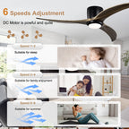 52 Inch Modern Farmhouse Flush Mount Solid Wood Blade Ceiling Fan with Lights & Remote Control, 6 Speed DC Motor Reversible Ceiling Fan