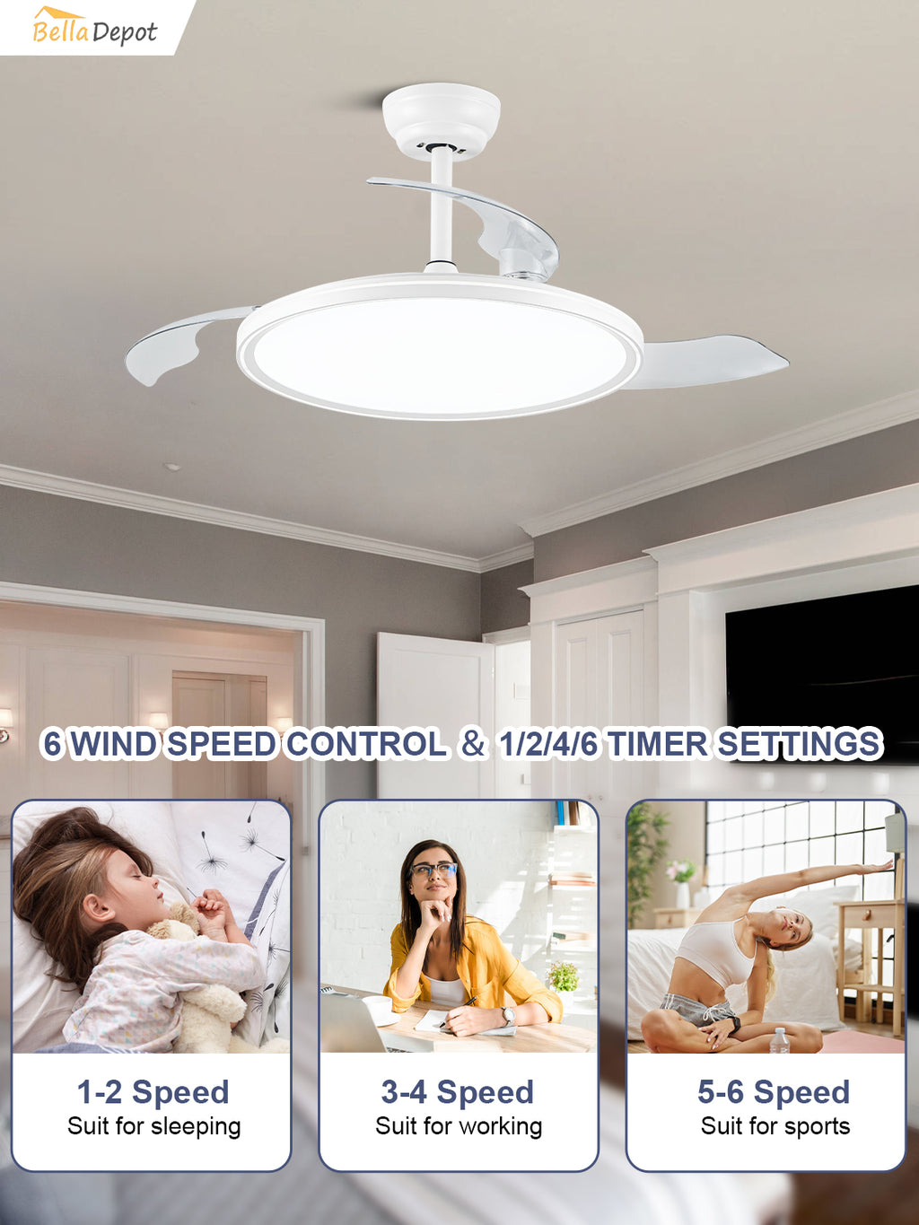 Modern 42 Inch Retractable Ceiling Fan with Light Dimmable LED Light and Quiet DC Motor Ceiling Fan Smart Control Ceiling Fan with Light Suit for Living Room, Bedroom and Kitchen