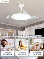 Modern 42 Inch Retractable Ceiling Fan with Light Dimmable LED Light and Quiet DC Motor Ceiling Fan Smart Control Ceiling Fan with Light Suit for Living Room, Bedroom and Kitchen