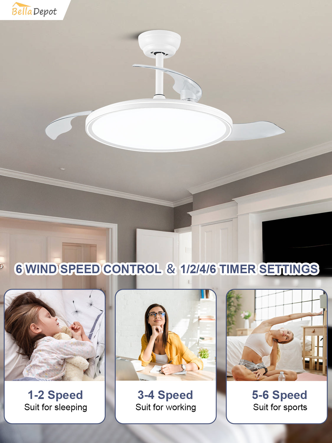 Modern 42 Inch Retractable Ceiling Fan with Light Dimmable LED Light and Quiet DC Motor Ceiling Fan Smart Control Ceiling Fan with Light Suit for Living Room, Bedroom and Kitchen