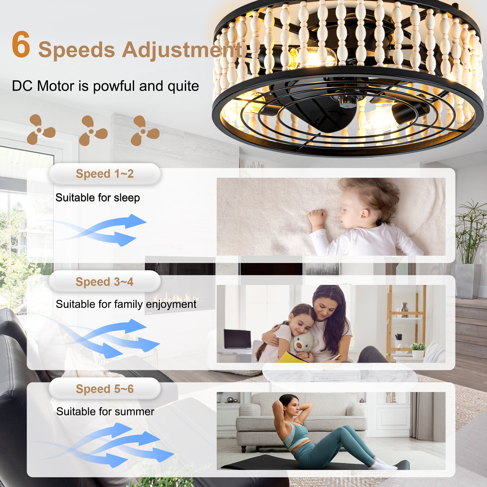 19 Inch Black Farmhouse Flush Mount Ceiling Fan with Lights and Remote Control, 6 Speeds DC Motor Bladeless Ceiling Fan for Bedroom