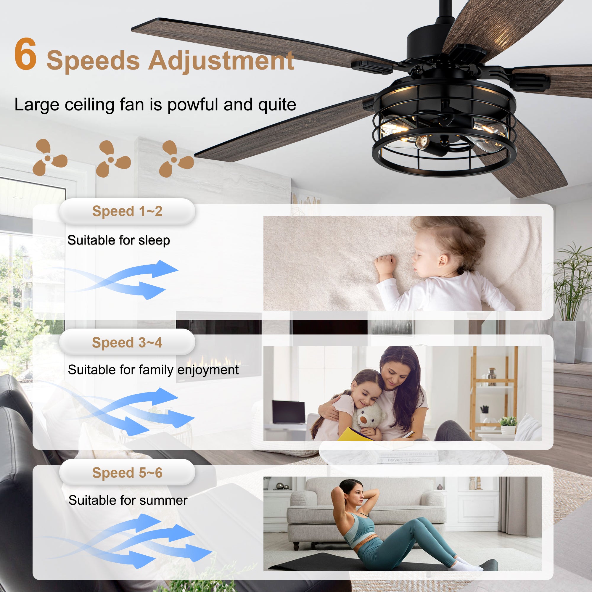 52 Inch Industrial Metal Caged Ceiling Fan with Lights and Remote Control, Silent DC Motor Fan for All Seasons