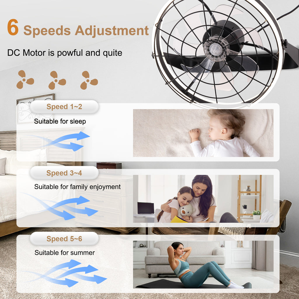 23 Inch Black Modern Wall Mounted Caged Ceiling Fan with Dimmable LED Lights and Remote, 6 Speeds Plug In Bladeless Ceiling Fan
