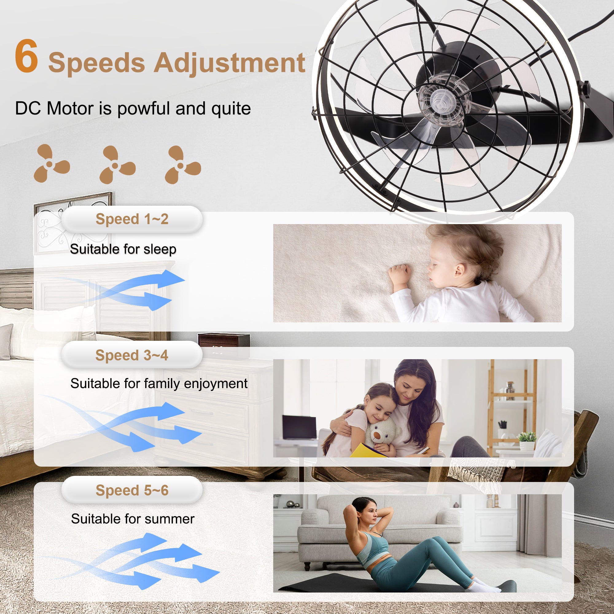 23 Inch Black Modern Wall Mounted Caged Ceiling Fan with Dimmable LED Lights and Remote, 6 Speeds Plug In Bladeless Ceiling Fan