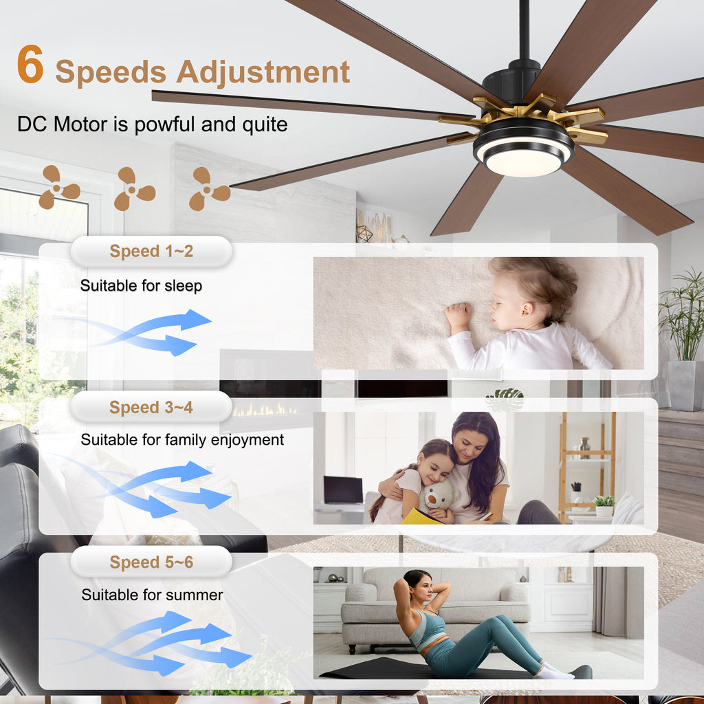 72 Inch Modern Ceiling Fan with LED Light and Remote Control, 6 Speeds DC Motor Reversible Large Ceiling Fan for Living Room
