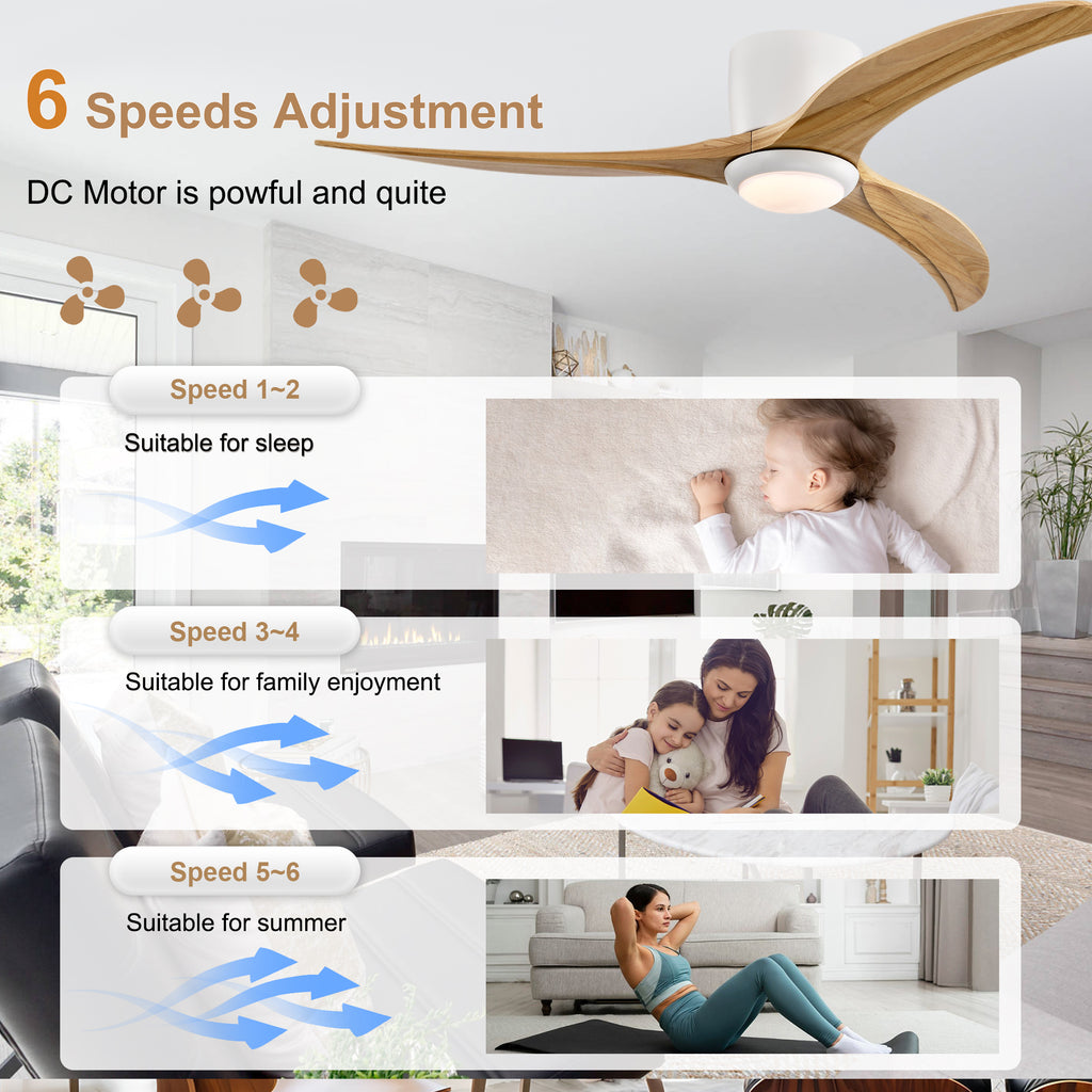 52 Inch Farmhouse Matte White Natural Wood Ceiling Fan with Lights & Remote Control, 6 Speed DC Motor Reversible Ceiling Fan