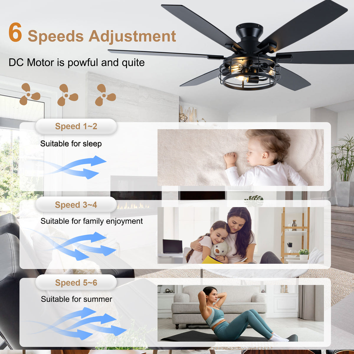 Farmhouse 60 Inch Flush Mount Ceiling Fan with Light Reversible Quiet DC Motor 6 Speed Ceiling Fan with Light Caged Timming Remote Control Ceiling Fan with Light Suit for Bedrooms, Kitchens, Living Rooms