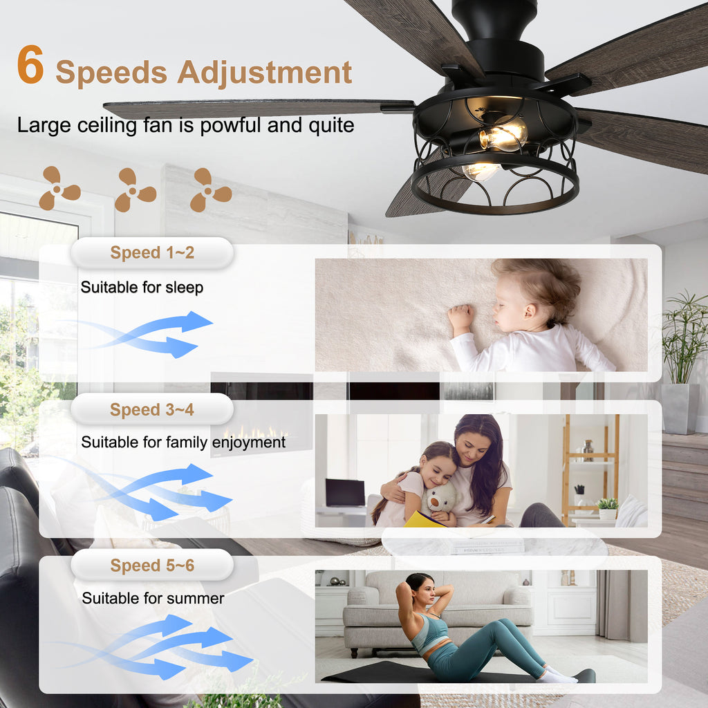 52 Inch Black Farmhouse Industrial Flush Mount Ceiling Fan with Lights and Remote, 6 Speeds DC Motor Reversible Low Profile Ceiling Fan