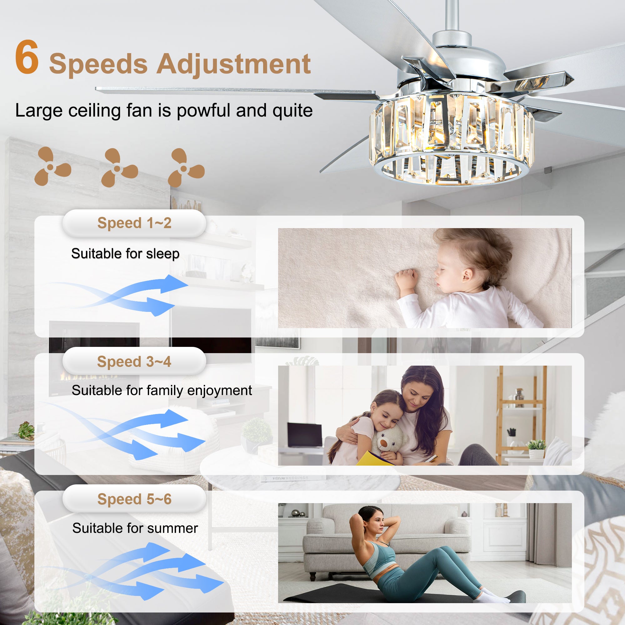 52 Inch Chrome Contemporary Glam Ceiling Fan with Lights and Remote Control, 6 Speeds Reversible Ceiling Fan with Crystals