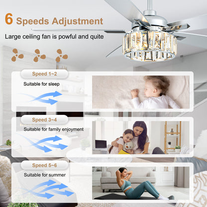 BellaDepot 52" Luxury Crystal Caged Chrome Ceiling Fan with Remote Control, 6 Speeds Ceiling Fan with Lights for Living Room- DC5226-MD