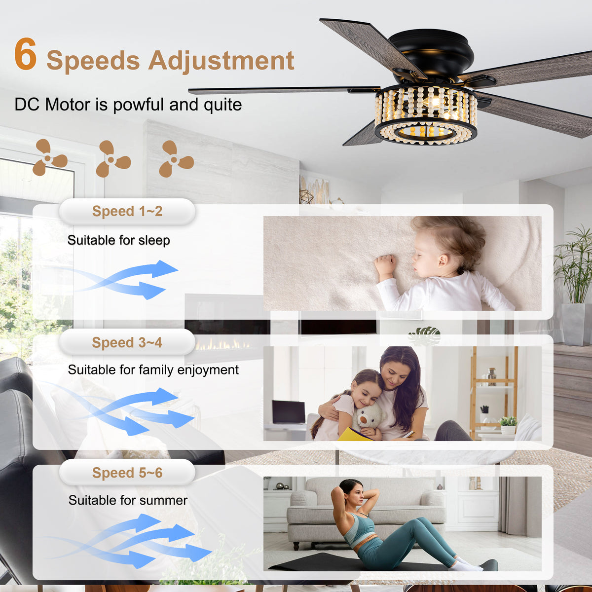Bohemian 52 Inch Flush Mount Ceiling Fan with Light Quiet DC Motor Reversible 5 Fan Blades Farmhouse Ceiling Fan with Light Remote Control 6 Adjustable Speed Ceiling Fan Suit for Bedrooms, Kitchens, Living Rooms