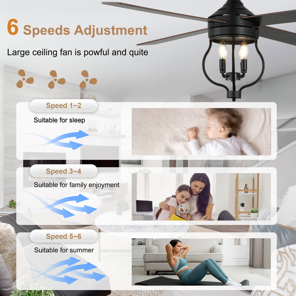 48 Inch Black Classic Ceiling Fan with Lights and Remote Control, 6 Speeds 4-Blade DC Motor Reversible Ceiling Fan for Living Room