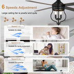 48 Inch Black Classic Ceiling Fan with Lights and Remote Control, 6 Speeds 4-Blade DC Motor Reversible Ceiling Fan for Living Room