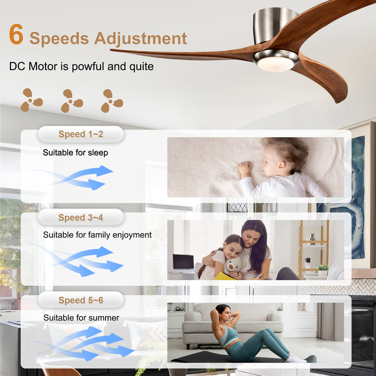 Farmhouse 52 Inch Flush Mount Ceiling Fan with LED Light Quiet DC Motor Ceiling Fan with Light 6-Speed Remote Control Ceiling Fan with Light Suit for Bedrooms, Living Rooms, Kitchens