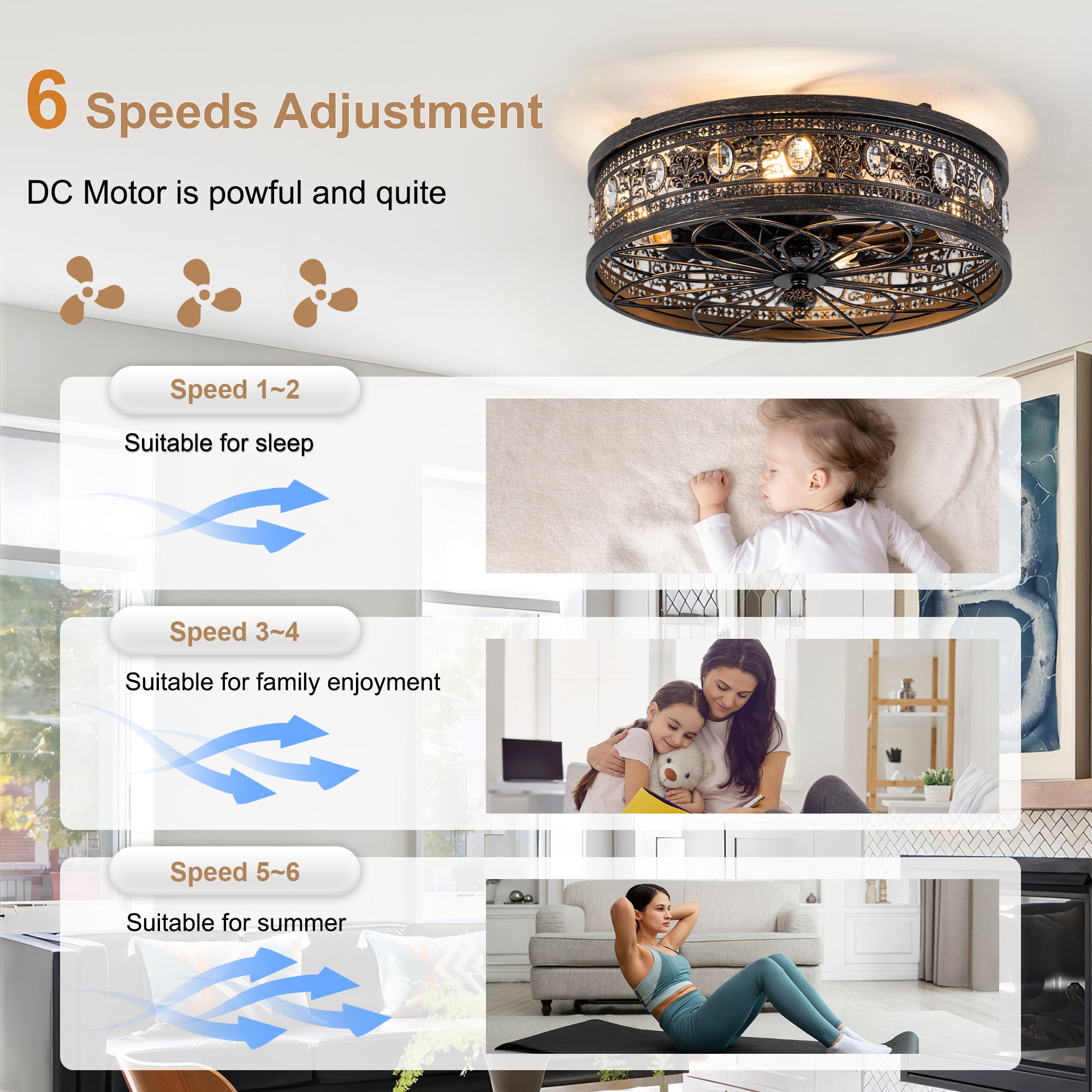 Retro 19 Inch Retractable Ceiling Fan with Light Reversible Quite DC Motor Ceiling Fan Remote APP Control Flush-Mount Fan with Light for Bedrooms, Living Rooms, Kitchens