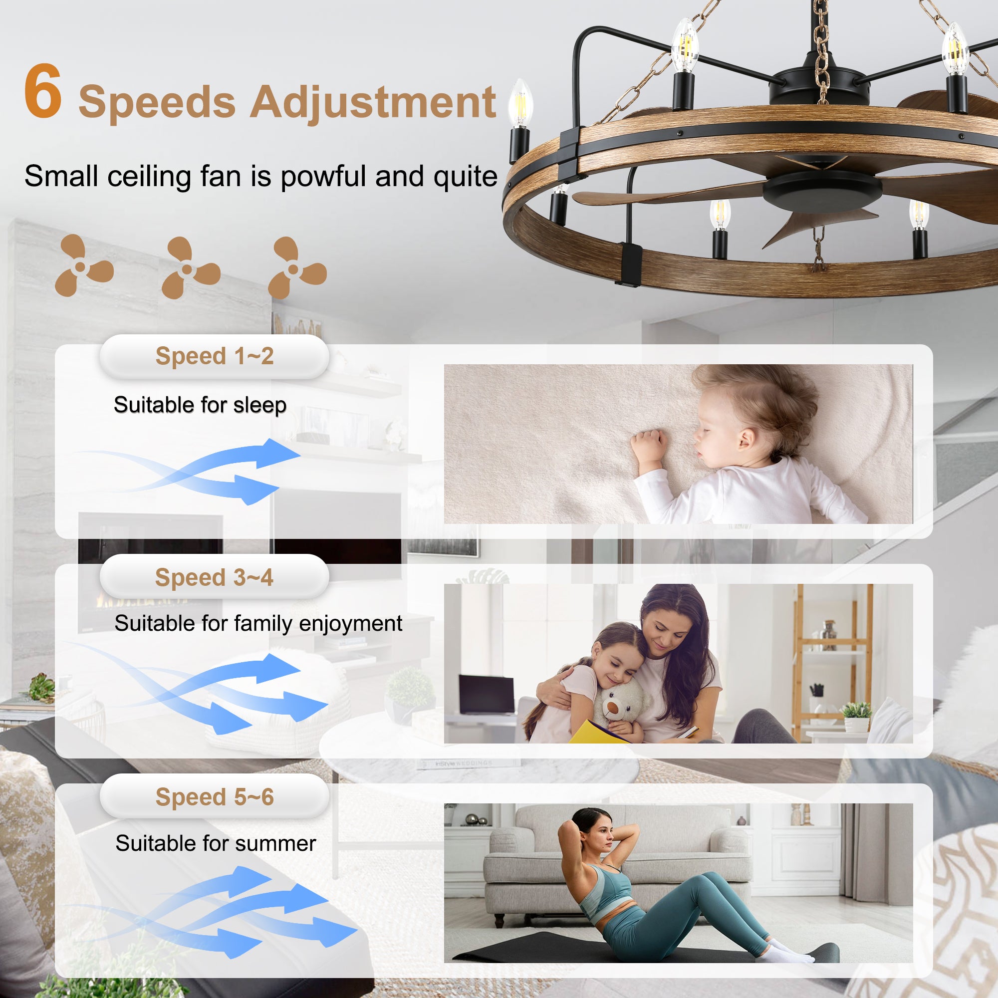 36 Inch Farmhouse Wagon Wheel Ceiling Fan with Lights and Remote Control, 6 Speeds DC Motor Bladeless Fandelier Ceiling Fan