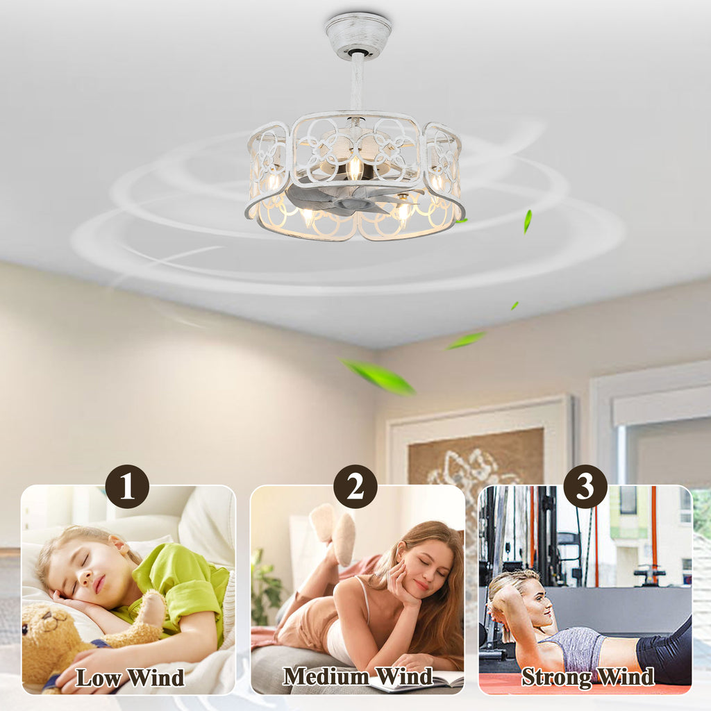 18 Inch Farmhouse Distressed White Caged Ceiling Fan with Lights and Remote, 8-Blade Reversible Bladeless Fandelier Ceiling Fan