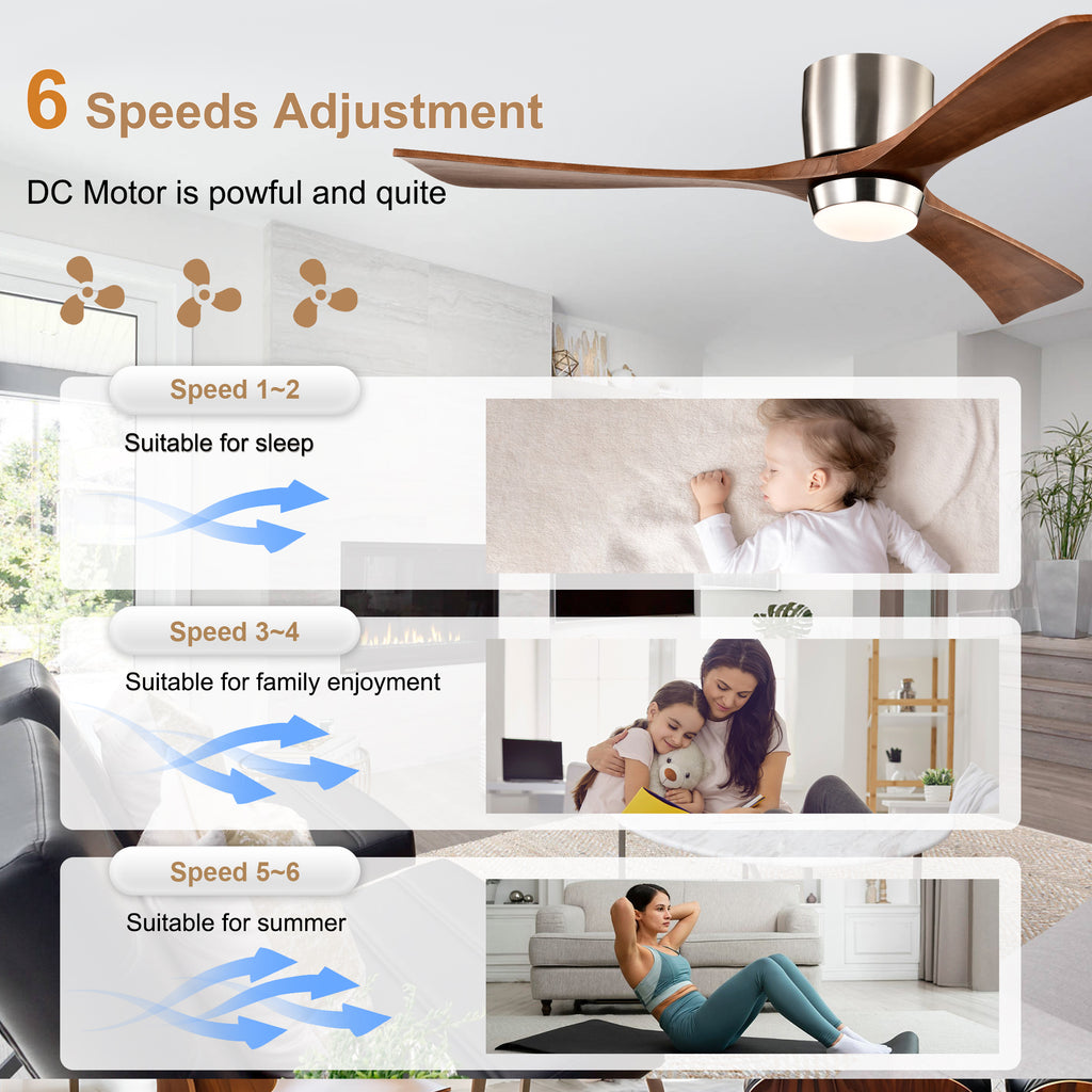 52 Inch Modern Farmhouse Stain Nickel Flush Mount Ceiling Fan with Lights & Remote Control, 6 Speed DC Motor Reversible Ceiling Fan