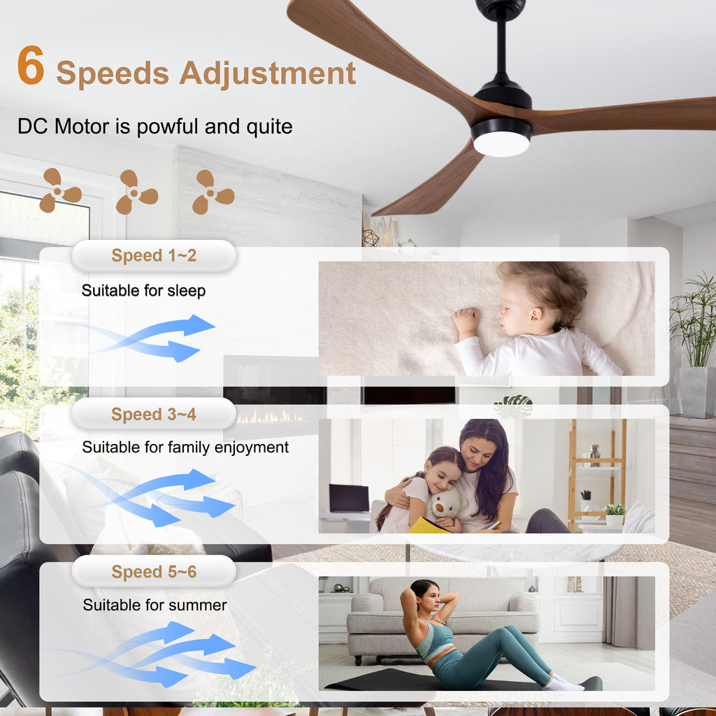 62 Inch Rustic Farmhouse Large Solid Wood 3 Blade Ceiling Fan with Lights & Remote Control, 6 Speed DC Motor Reversible Ceiling Fan