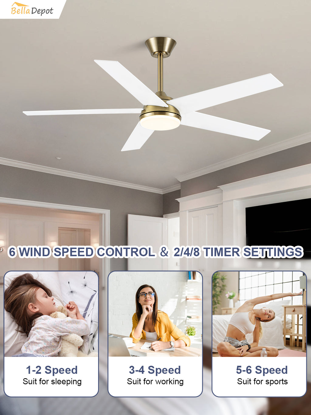 52 Inch Modern Smart Gold Ceiling Fan with Dimmable LED Light and Remote & APP Control, 6-Speed DC Motor Reversible Ceiling Fan
