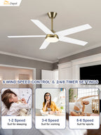 52 Inch Modern Smart Gold Ceiling Fan with Dimmable LED Light and Remote & APP Control, 6-Speed DC Motor Reversible Ceiling Fan
