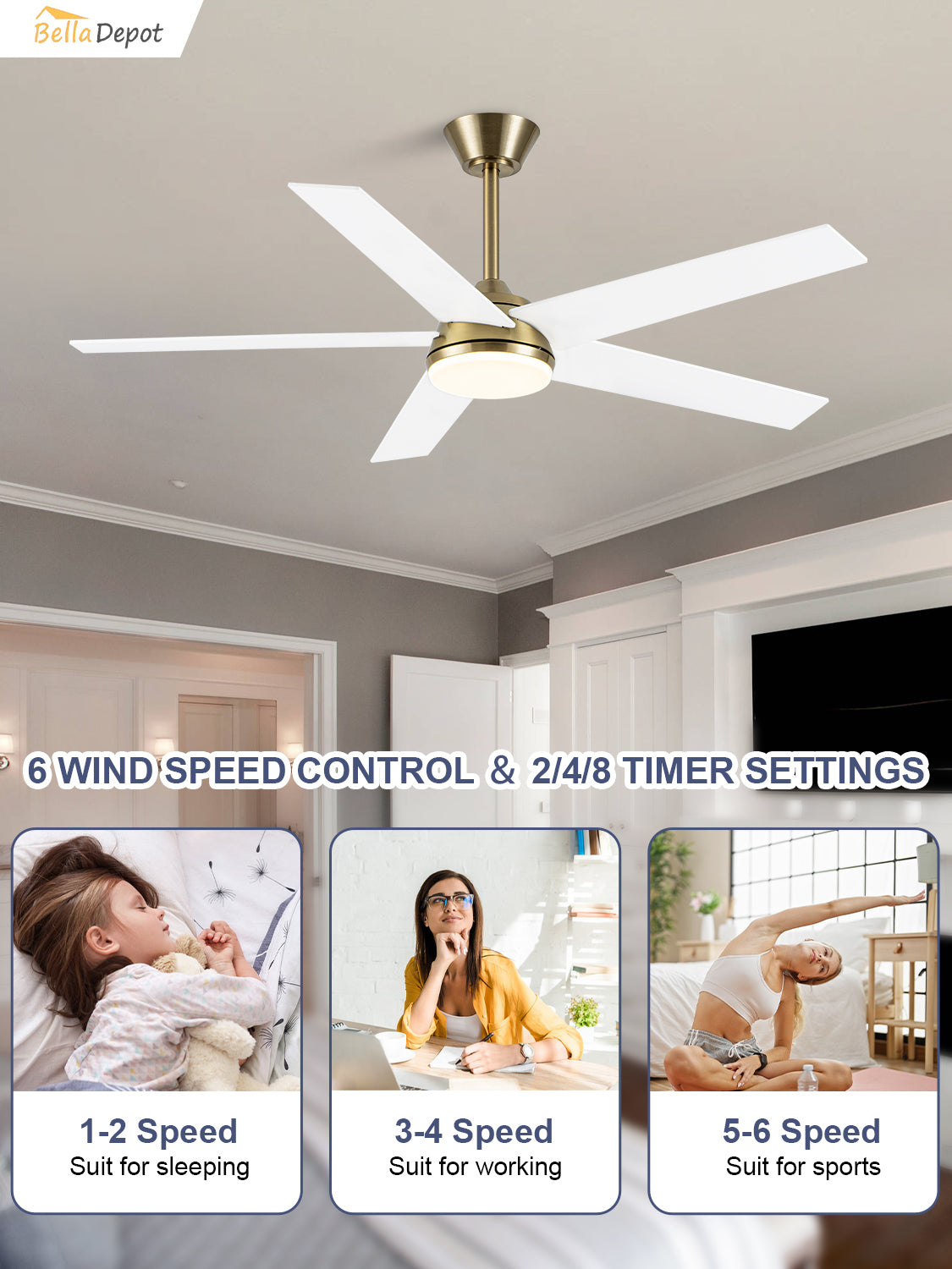 52 Inch Modern Smart Gold Ceiling Fan with Dimmable LED Light and Remote & APP Control, 6-Speed DC Motor Reversible Ceiling Fan
