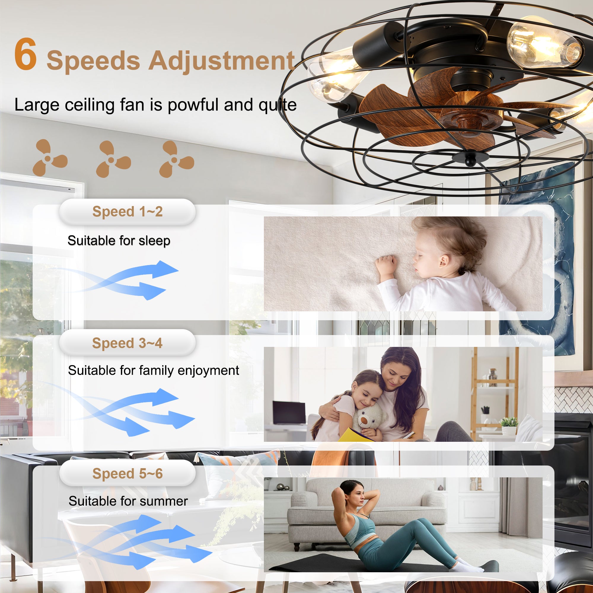 20 Inch Farmhouse Industrial Flush Mount Ceiling Fan with Lights and Remote, 6 Speeds DC Motor Bladeless Caged Ceiling Fan for Bedroom