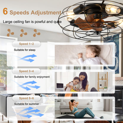 GED2035-BellaDepot 20" Flush Mount Ceiling Fan with Remote Control, Metal Caged 6 Speeds Fan with Lights, Ceiling Fan for Low Profile Room