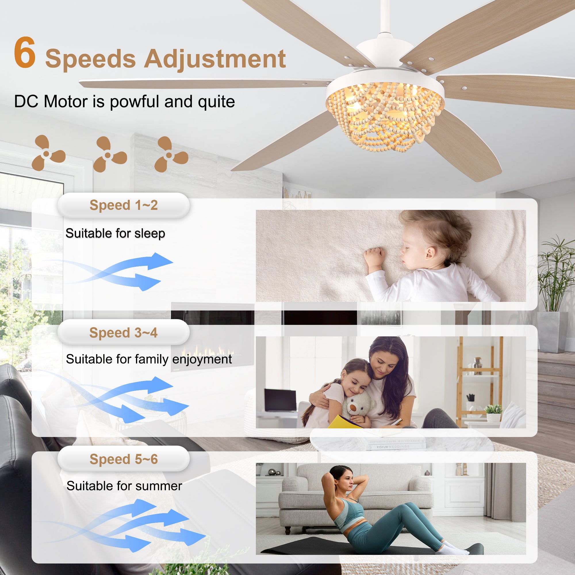 65 Inch White Bohemian  Ceiling Fan with Lights and Remote, 6 Speeds DC Motor Reversible Large Ceiling Fan for Living Room