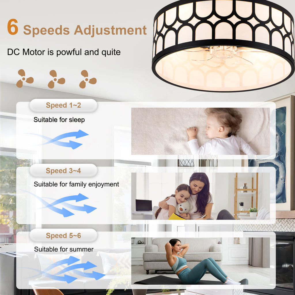20 Inch Modern Drum Cage Ceiling Fan with Light and Remote, DC Motor 6-Speed Reversible Fandelier Bladeless Ceiling Fan for Bedroom