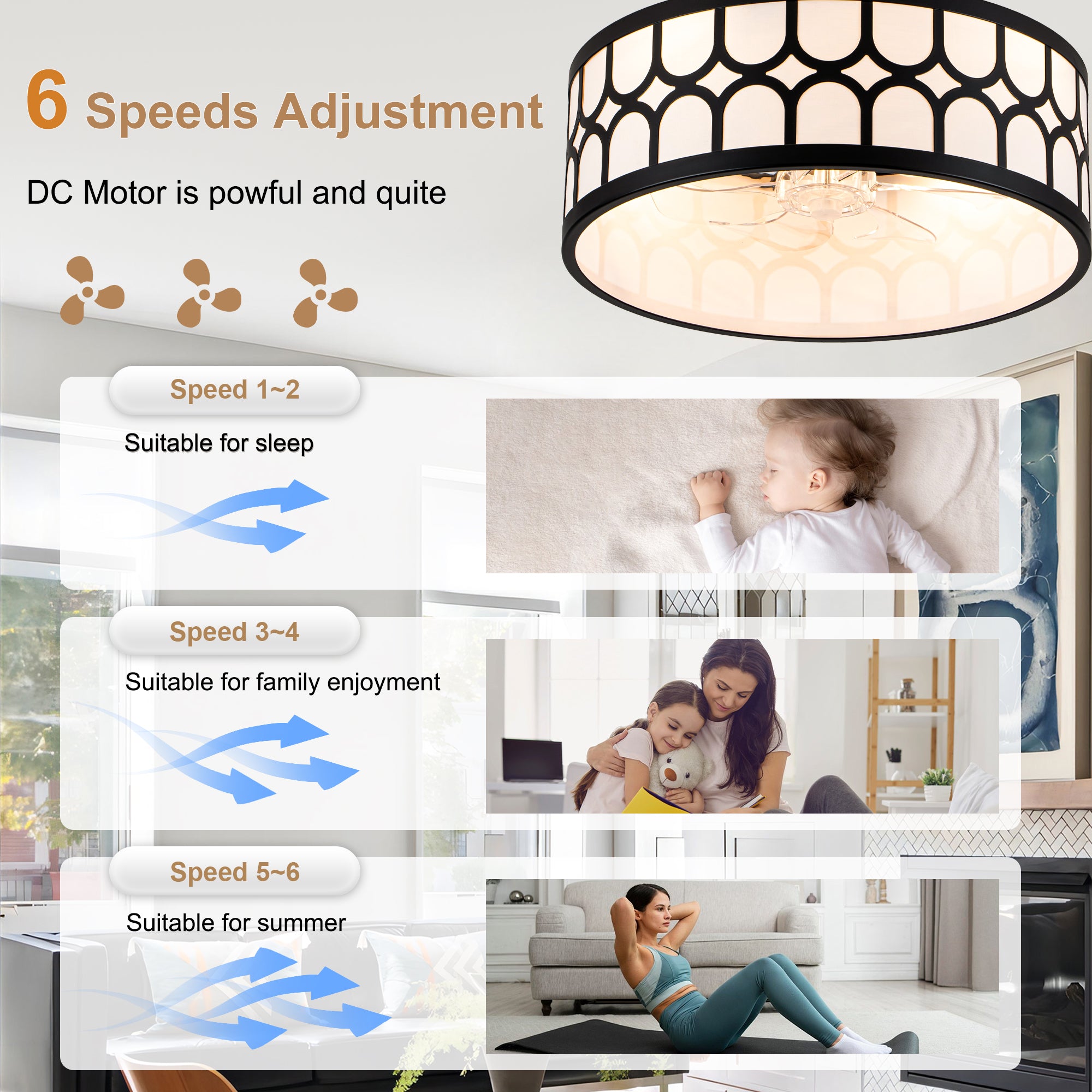 20 Inch Modern Drum Cage Ceiling Fan with Light and Remote, DC Motor 6-Speed Reversible Fandelier Bladeless Ceiling Fan for Bedroom
