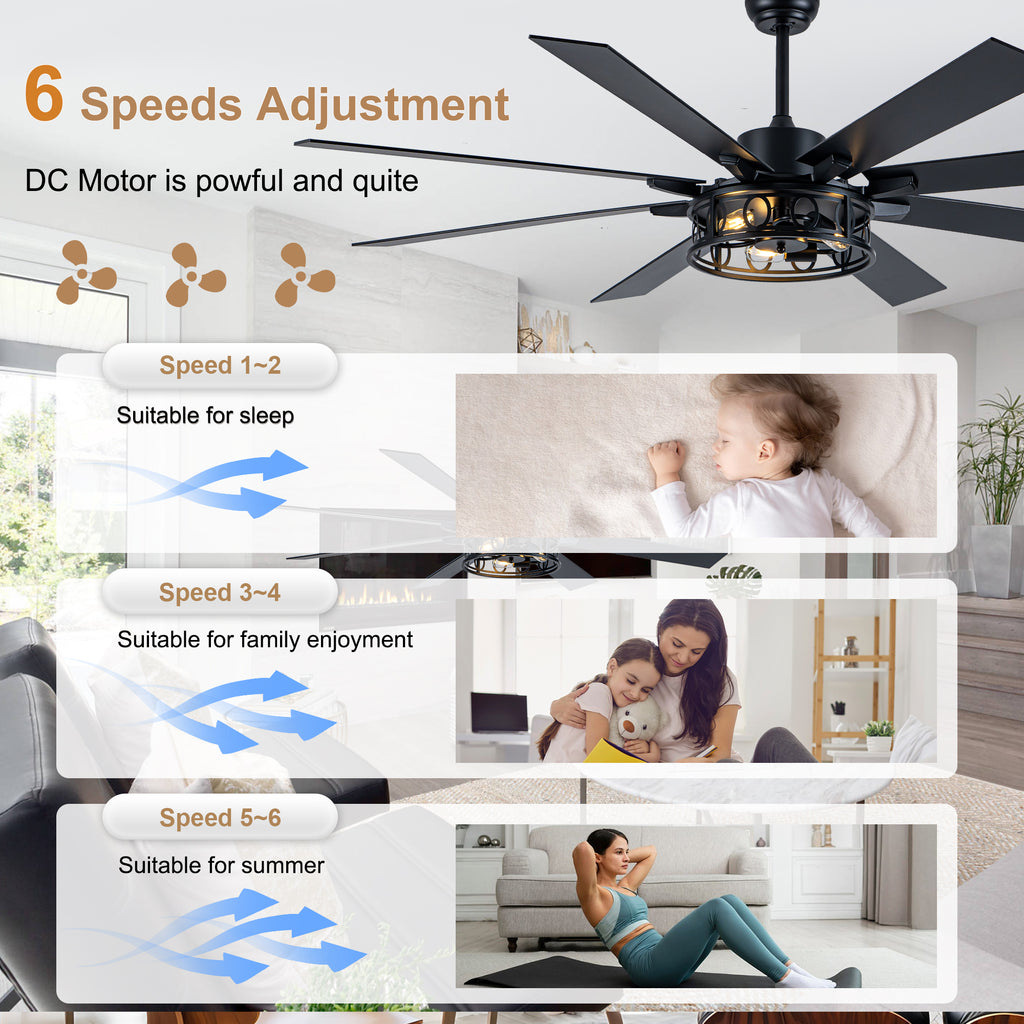 Farmhouse 72 Inch Caged Down Rods Ceiling Fan with Light Reversible Quiet DC Motor 6-Speed Ceiling Fan with Light Retro Remote Control Timming Ceiling Fan with Light Suit for Living Room, Bedroom, Kitchen