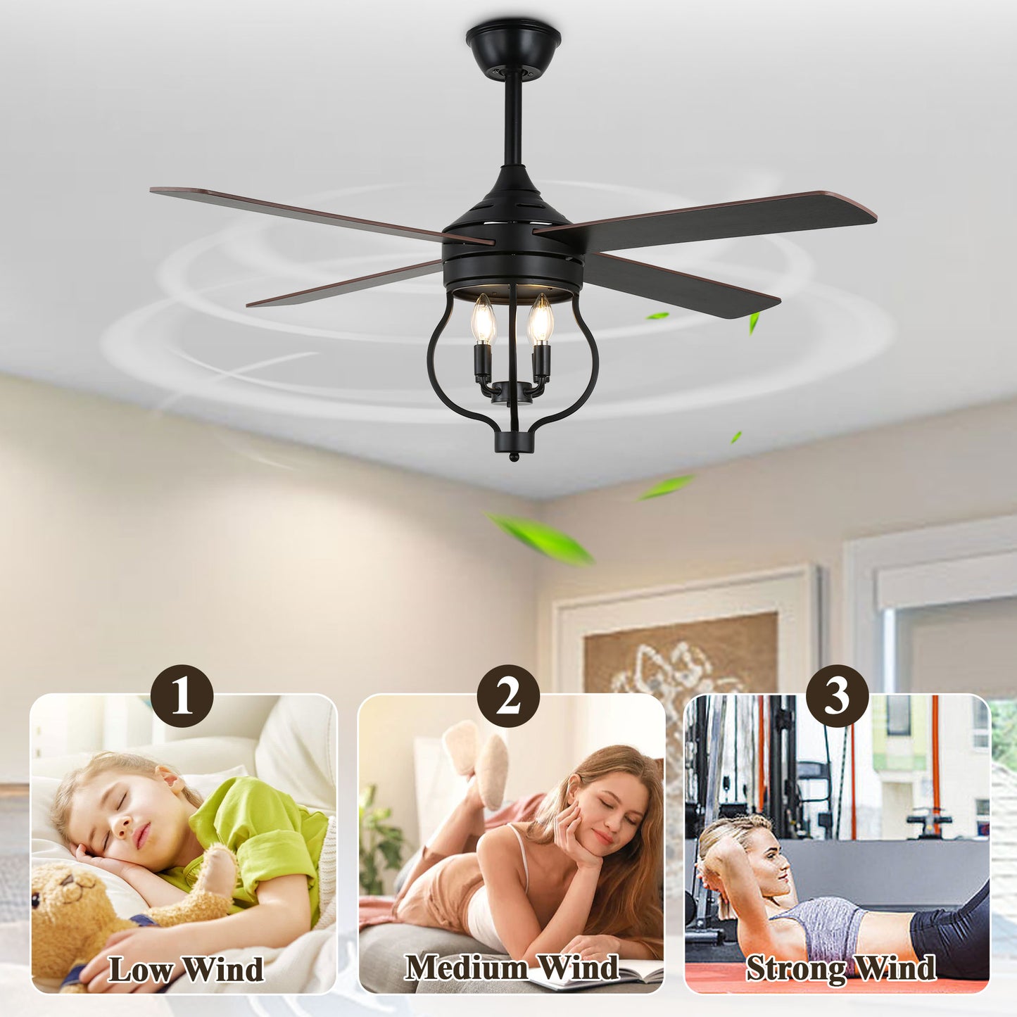 DC5212-52" Large Size Classic Reversible Black Ceiling Fan DC Motor 6-Speeds with Remote and Lights