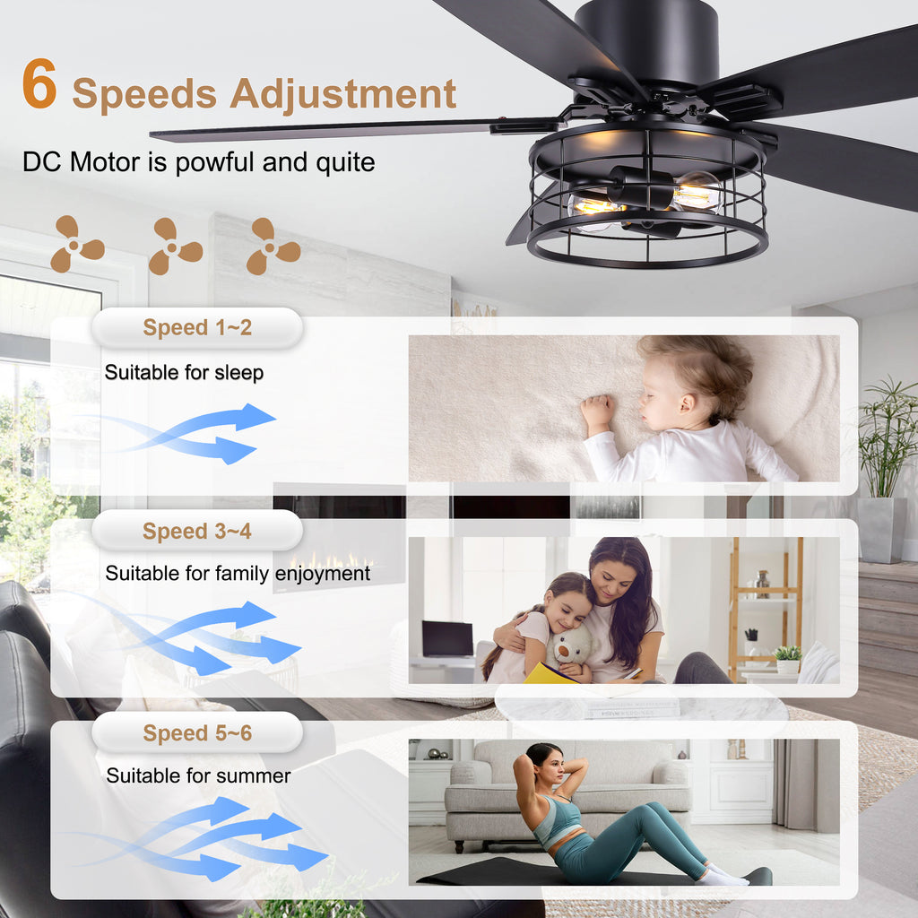 46 Inch 5-Blade Black Industrial Ceiling Fan with Lights and Remote Control, 6 Speeds DC Motor Caged Ceiling Fan for Living Room
