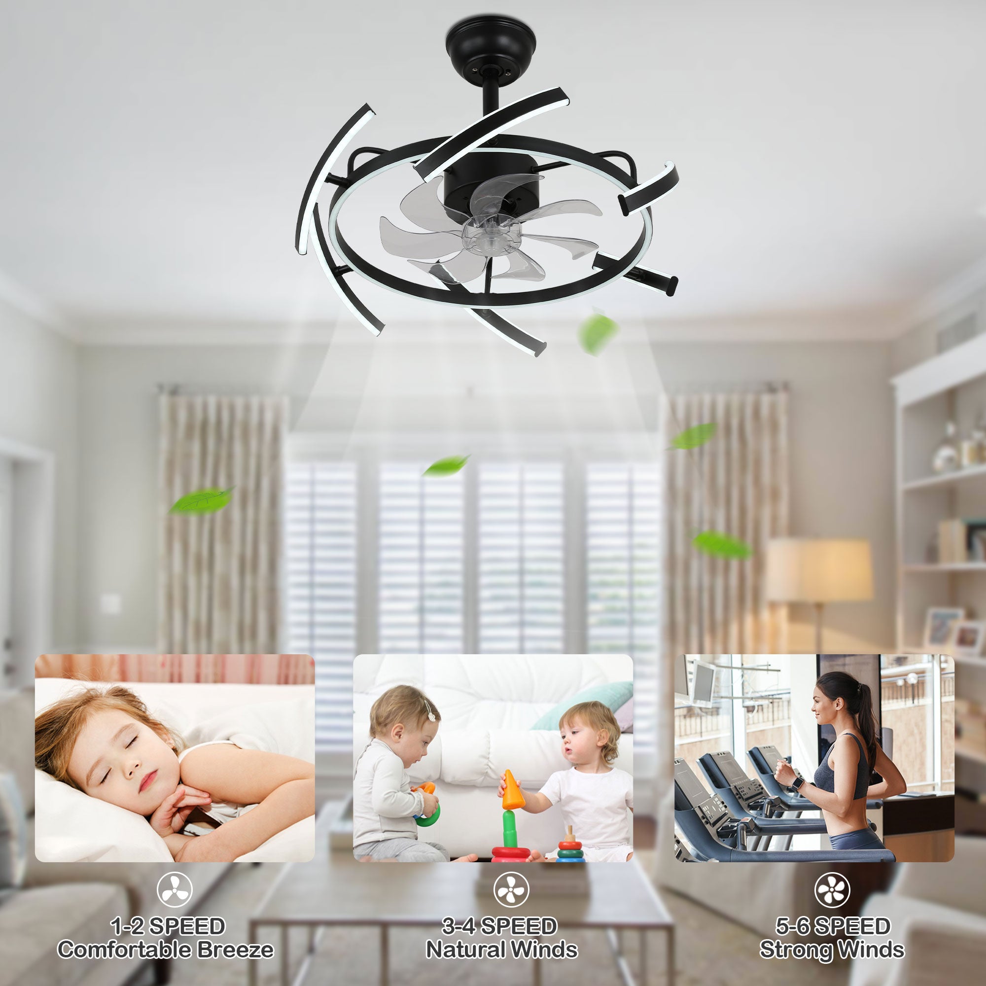 24 Inch Black Modern Smart Ceiling Fan with Dimmable LED Light and Remote, 6 Speeds DC Motor Reversible Bladeless Ceiling Fan with DIY Shape