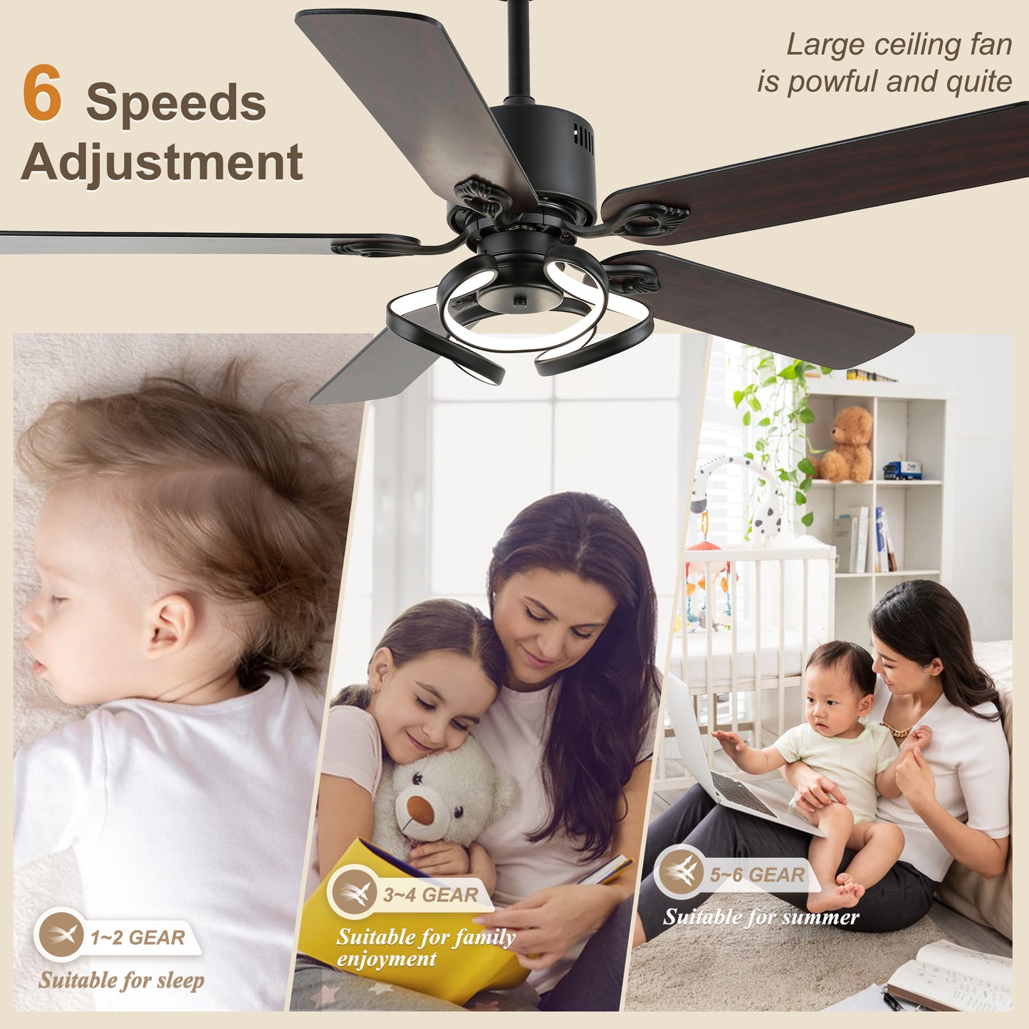 DC5217-52" 5 Wooden Blades Black/Chrome Finish Modern Reversible Ceiling Fan with Remote and Light Kit Included, 6-speed Dimmable Ceiling Fan