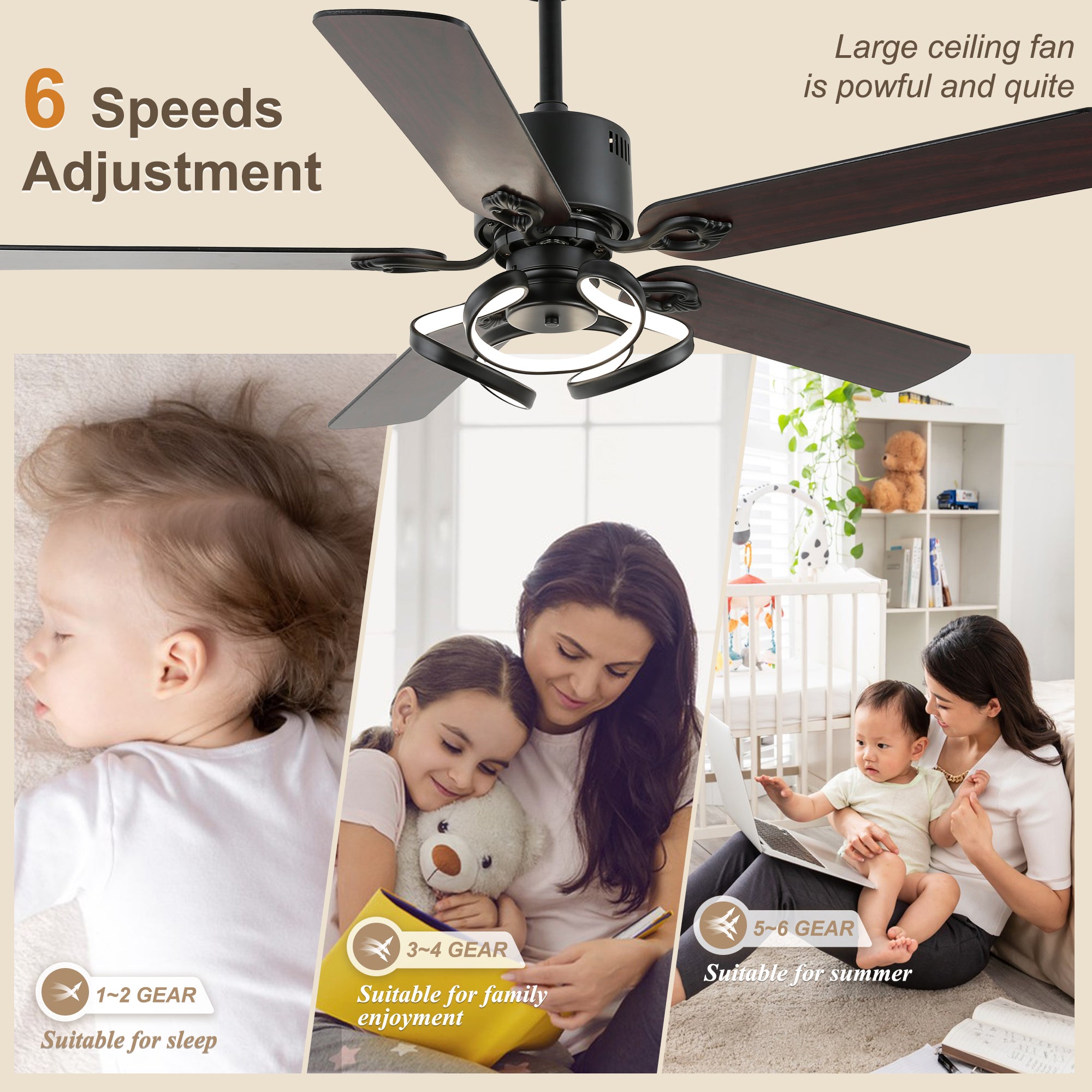 52 Inch Black/Chrome Modern Ceiling Fan with Led Light and Remote Control, 6 Speeds DC Motor Reversible Ceiling Fan for Living Room