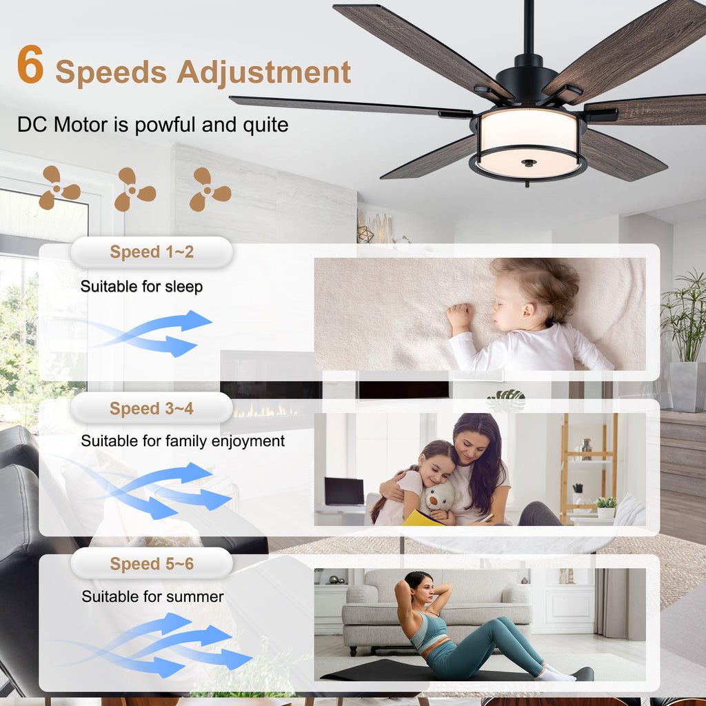 60 Inch Black Farmhouse Large Ceiling Fan with Dimmable 3CCT LED Light and Remote, 6 Speeds DC Motor Reversible Ceiling Fan for Large Rooms