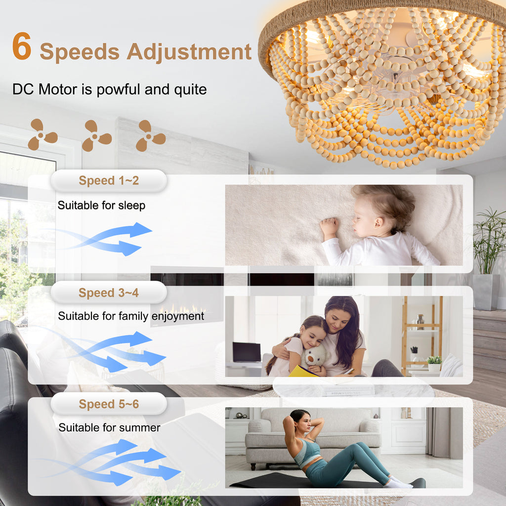 20 Inch Bohemian Flush Mount Ceiling Fan with Lights and Remote, 6 Speeds DC Motor Bladeless Low Profile Ceiling Fan for Bedroom