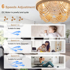 20 Inch Bohemian Flush Mount Ceiling Fan with Lights and Remote, 6 Speeds DC Motor Bladeless Low Profile Ceiling Fan for Bedroom
