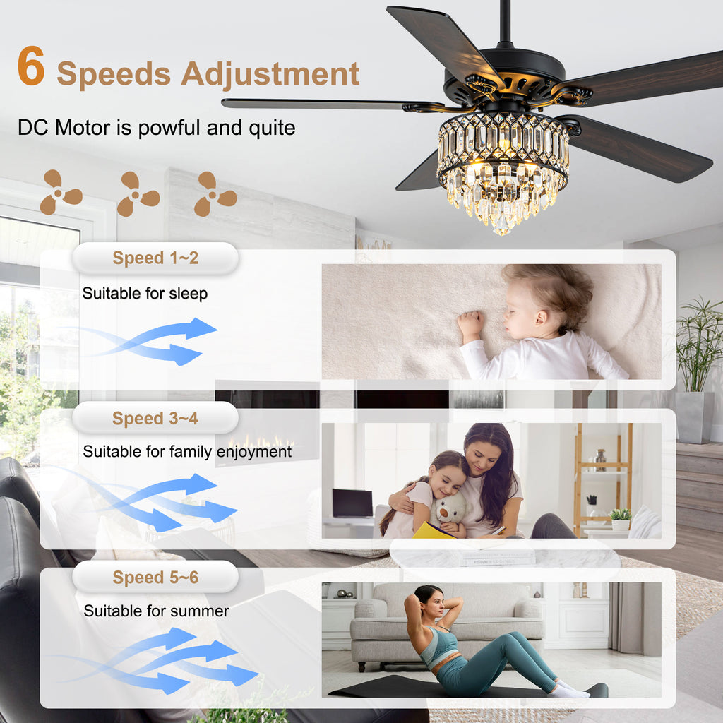 52 Inch Modern Luxury Crystal Ceiling Fan with Light and Remote Control, 6 Speeds DC Motor Chandelier Ceiling Fan for Living Room