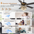 52 Inch Modern Luxury Crystal Ceiling Fan with Light and Remote Control, 6 Speeds DC Motor Chandelier Ceiling Fan for Living Room