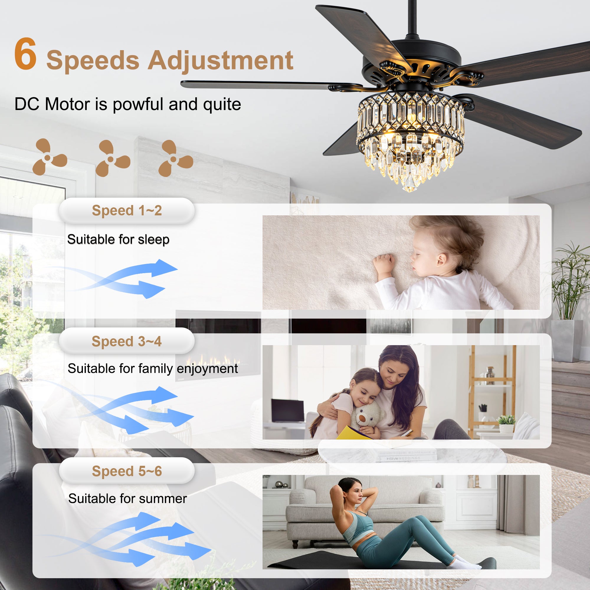 52 Inch Modern Luxury Crystal Ceiling Fan with Light and Remote Control, 6 Speeds DC Motor Chandelier Ceiling Fan for Living Room