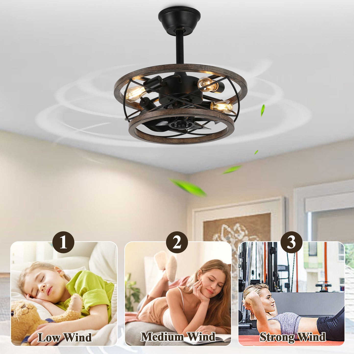 BD1815-17.7 Inch Caged Industrial Reversible Metal Ceiling Fan with Remote and Lights