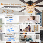 65 Inch Modern Glam Crystal Ceiling Fan with Lights and Remote Control,6 Speeds DC Motor  Black/Chrome Large Ceiling Fan with Crystals