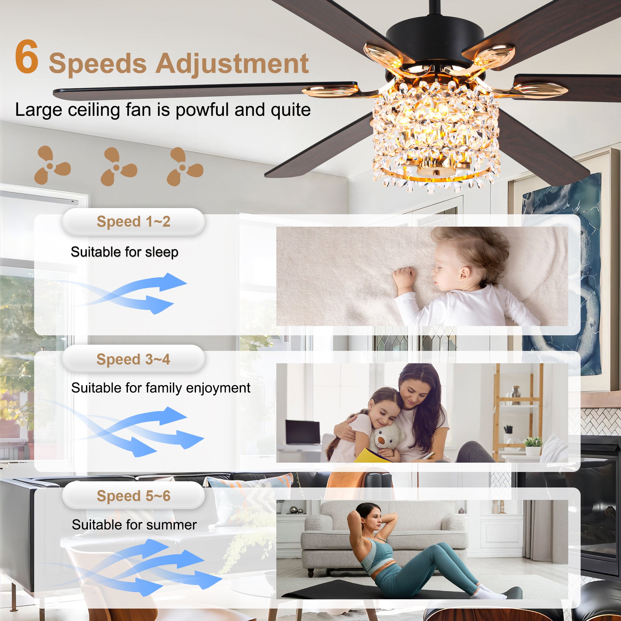 65 Inch Modern Glam Crystal Ceiling Fan with Lights and Remote Control,6 Speeds DC Motor  Black/Chrome Large Ceiling Fan with Crystals
