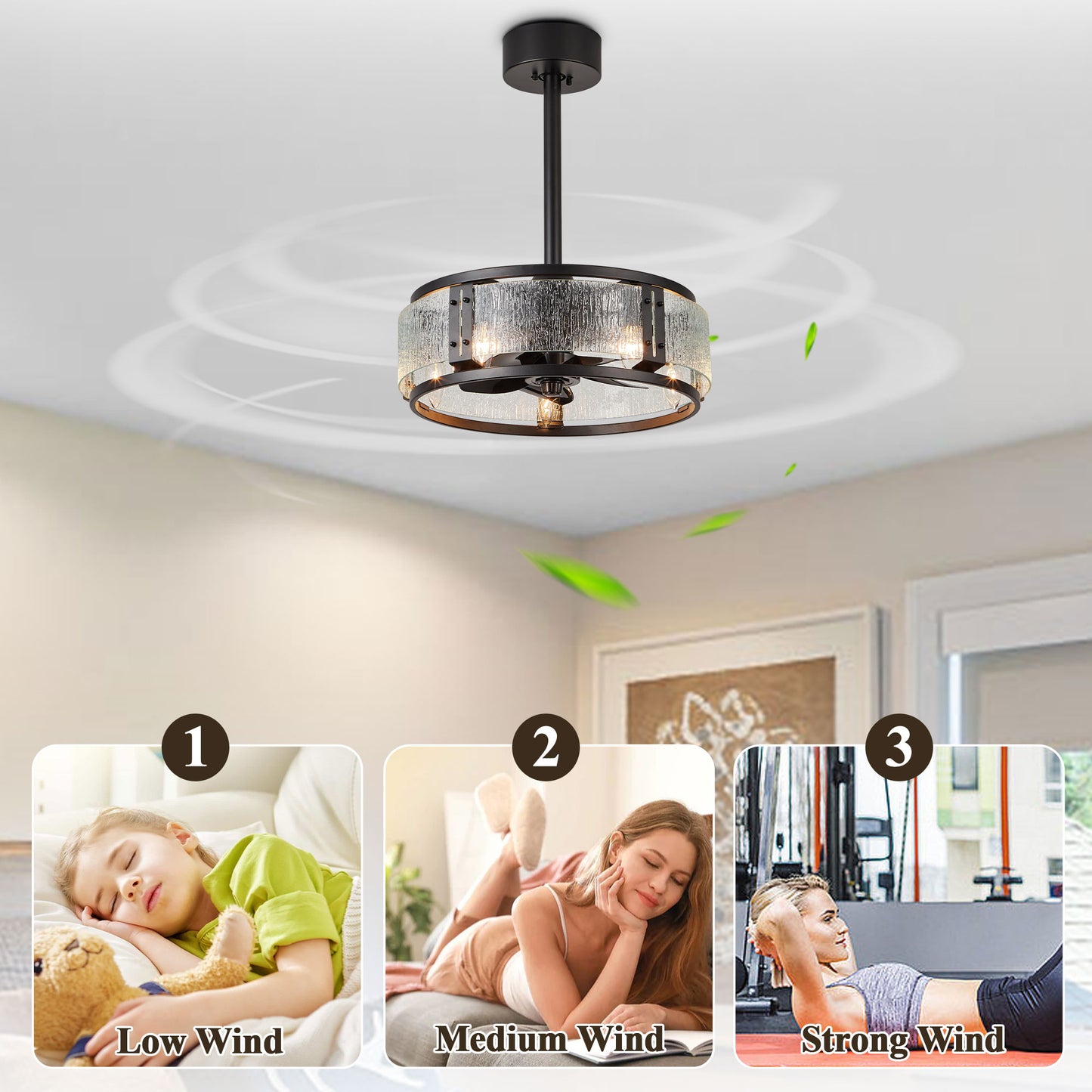 GED004-18'' Vintage Water Ripple Glass Reversible Ceiling Fan Dimmable with Remote and Lights